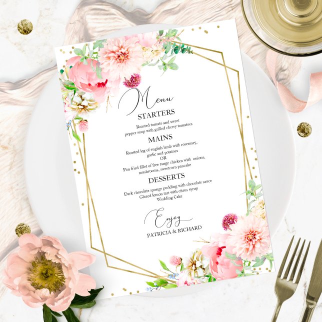 Elegant Blush Floral Geometric Budget Wedding Menu (Creator Uploaded)