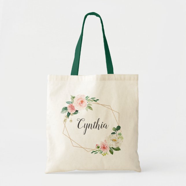 Elegant Blush Floral Geometric Frame Bridesmaid Tote Bag (Front)