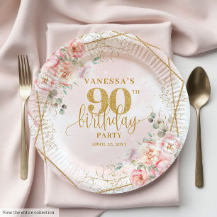 Elegant Blush Floral Gold Frame 90th Birthday Plat Paper Plate