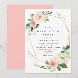 Elegant Blush Floral Gold Frame Graduation Party Invitation