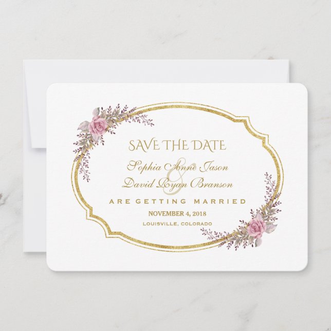 Elegant Blush Floral Gold Frame Save The Date (Front)