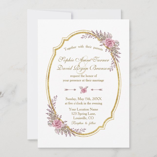 Elegant Blush Floral Gold Frame Wedding Invite (Front)