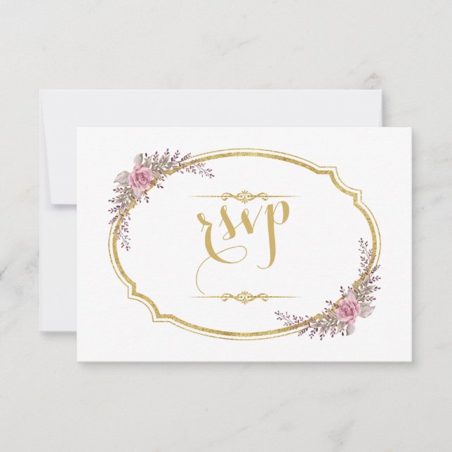 Elegant Blush Floral Gold Frame Wedding RSVP Card (Front)