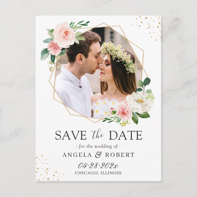 Elegant Blush Floral Gold Geometric Save the Date Postcard (Front)