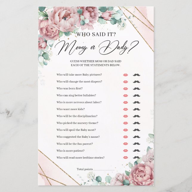 Elegant blush floral gold greenery Mommy or Daddy  (Front)