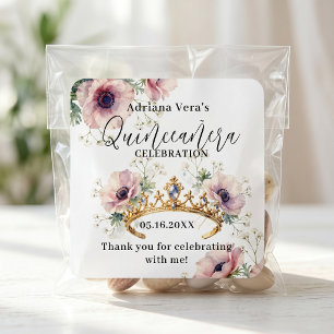 Elegant Blush Floral Gold Tiara Quinceañera Favour Square Sticker