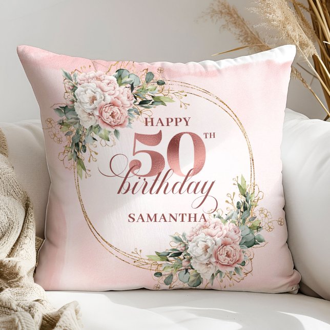 Elegant Blush Floral Greenery 50th Pillow Gift (Elegant Blush Floral Greenery 50th Pillow Gift)