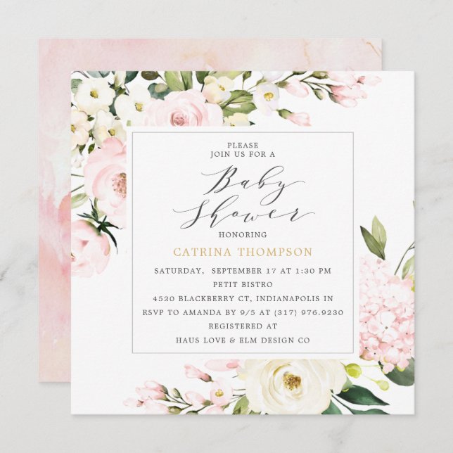 Elegant Blush Floral Greenery Baby Shower Invitation (Front/Back)