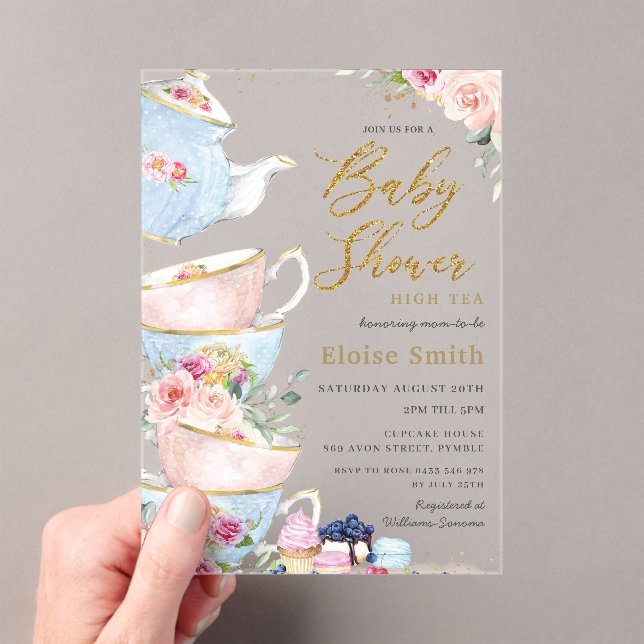 Elegant Blush Floral High Tea Party Baby Shower Acrylic Invitations (Insitu (Handheld))