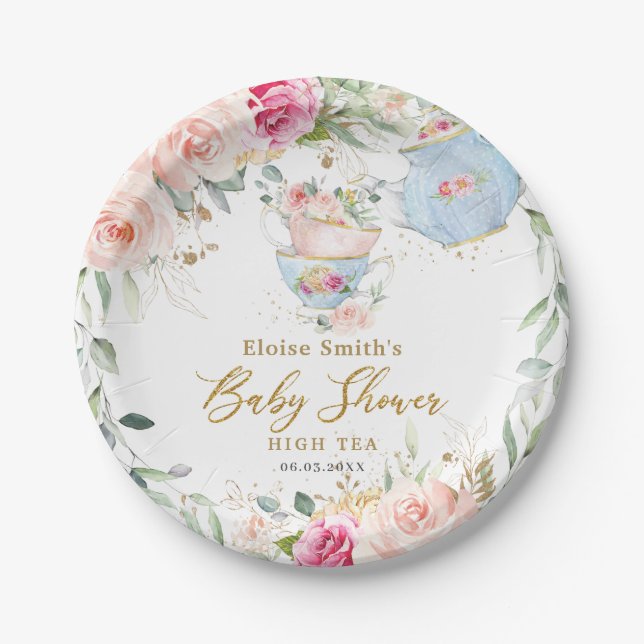 Elegant Blush Floral High Tea Party Baby Shower Paper Plate (Front)