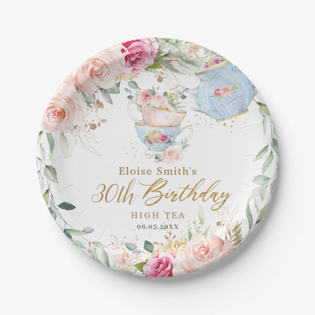Elegant Blush Floral High Tea Party Birthday Paper Plate (Front)