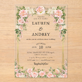 Elegant Blush Floral Modern Wedding Acrylic Invitations