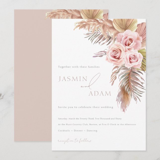 Elegant Blush Floral Monogram Wedding Invitation (Front/Back)