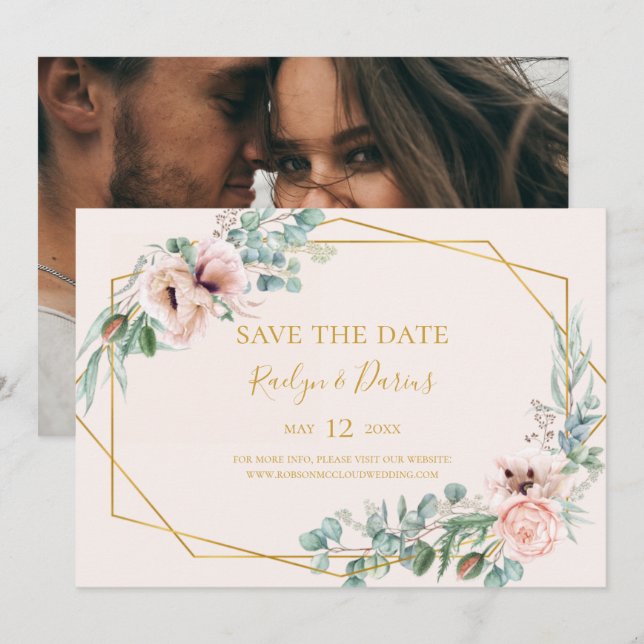 Elegant Blush Floral | Photo Pastel Horizontal Sav Save The Date (Front/Back)