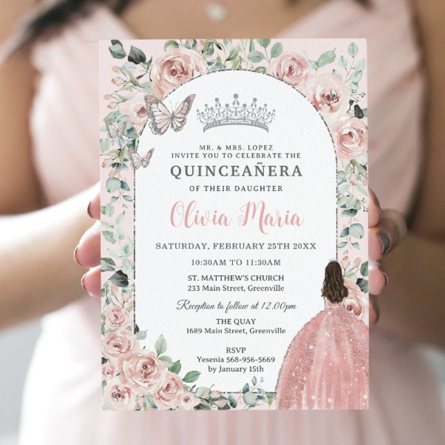 Elegant Blush Floral Princess Silver Quinceañera Invitation (Creator Uploaded)