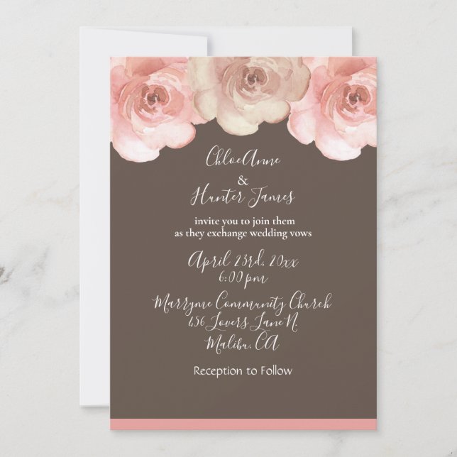 Elegant Blush Floral Rose Brown Simple Wedding Invitation (Front)
