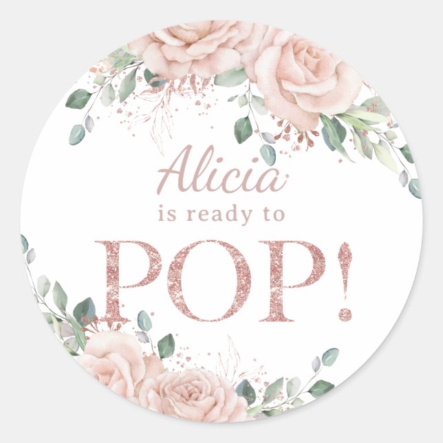 Elegant Blush Floral Rose Gold Baby Ready to Pop Classic Round Sticker (Front)