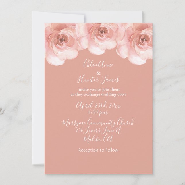 Elegant Blush Floral Rose Minimalistic Wedding Invitation (Front)