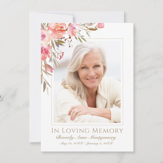 Elegant Blush Floral Rose Olive Font Photo Funeral Thank You Card (Front)