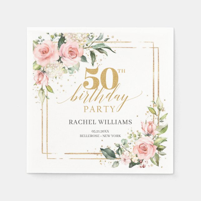 Elegant Blush  floral roses greenery 50th birthday Napkin (Front)