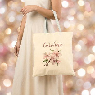 Elegant blush floral script cherry blossom wedding tote bag