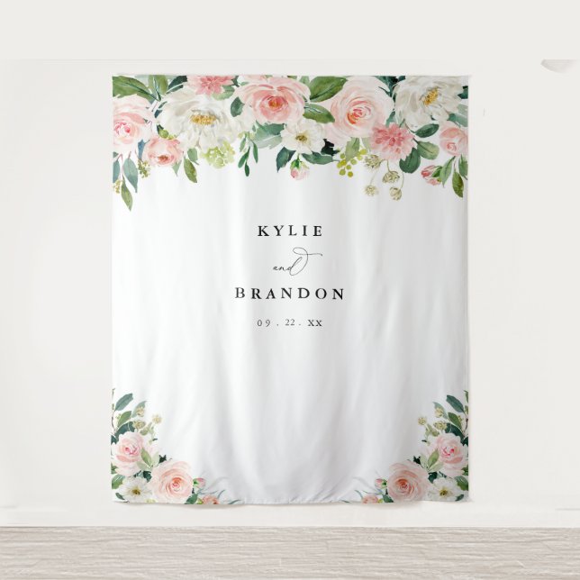 Elegant Blush Floral Script Engagement Party  Tapestry (Front)