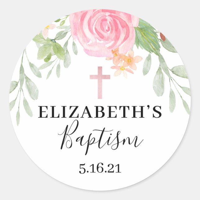 Elegant Blush Floral Watercolor Baptism  Classic Round Sticker (Front)