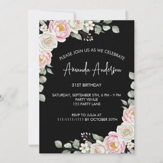 Elegant Blush Floral Watercolor Birthday  Invitation
