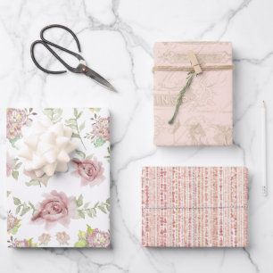 Elegant Blush Floral Watercolor Vintage Script Wrapping Paper Sheet