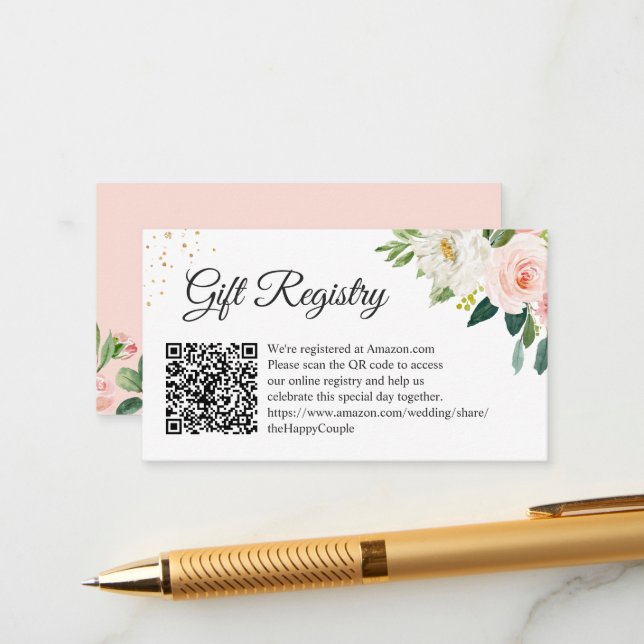 Elegant Blush Floral Wedding Gift Registry QR Code Enclosure Card (Front/Back In Situ)