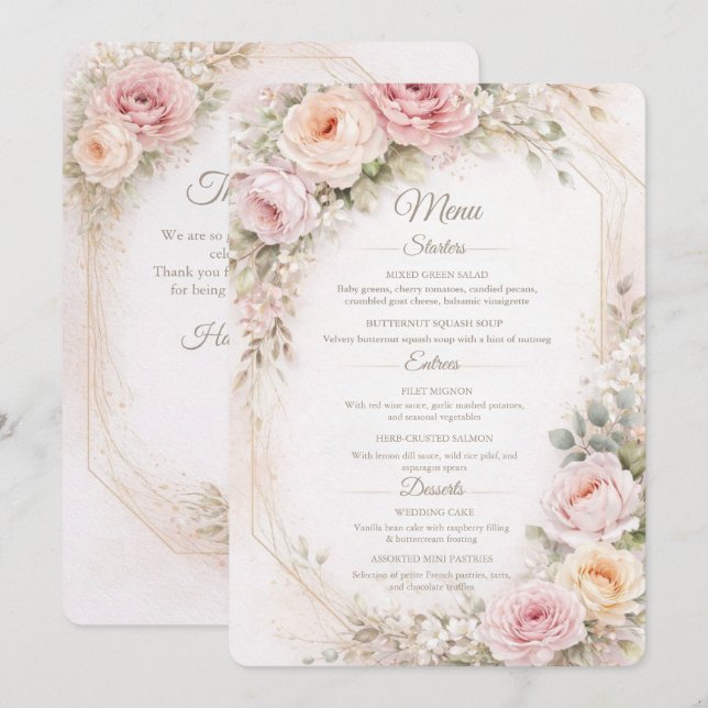 Elegant Blush Floral Wedding Menu Card  (Front/Back)