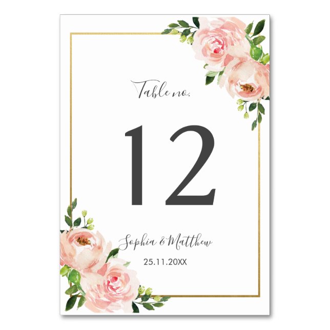 Elegant Blush Floral Wedding Table Number (Front)