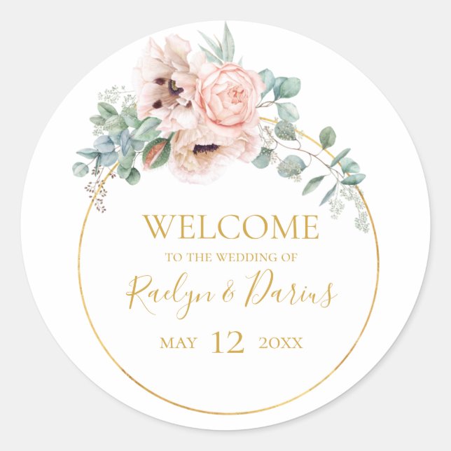 Elegant Blush Floral | Wedding Welcome Classic Round Sticker (Front)
