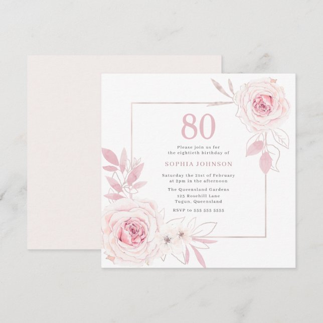 Elegant Blush Floral Wreath Frame 80th Birthday Invitation (Front/Back)