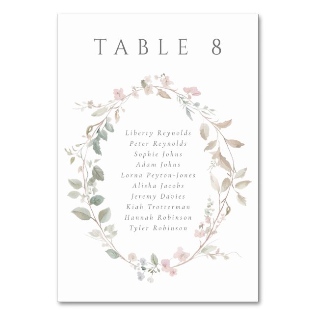 Elegant Blush Floral Wreath Wedding Seating Chart Table Number (Front)