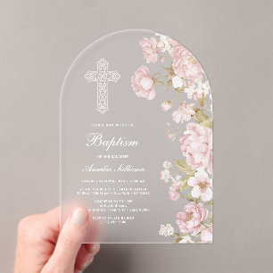 Elegant Blush Flowers Arch Baptism Acrylic Invitations