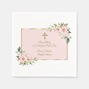 Elegant Blush Flowers Gold Cross Holy Communion Napkin
