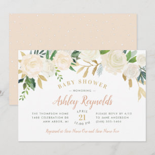 Elegant Blush Gold and Green Floral Baby Shower Invitation