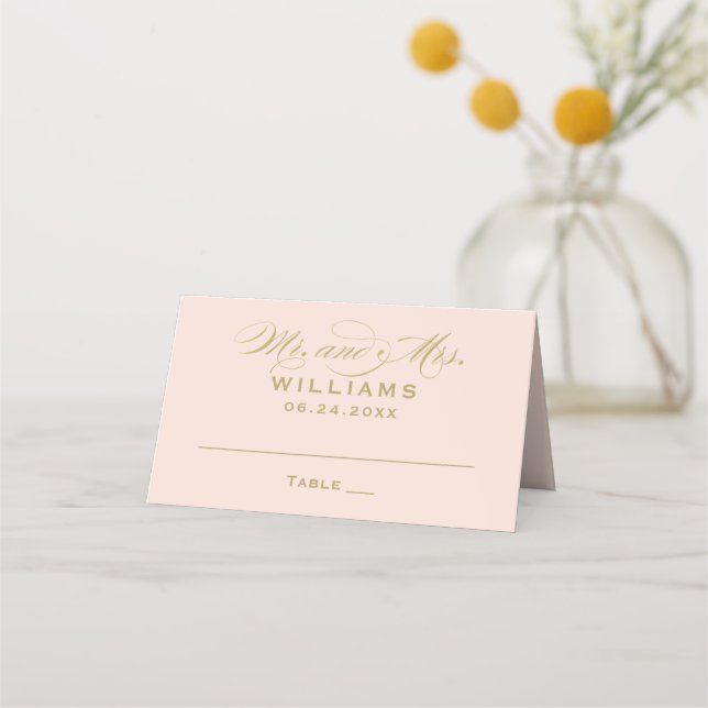 Elegant Blush Gold Calligraphy Wedding Monogram Place Card (Front)