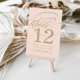 Elegant Blush Gold Calligraphy Wedding Monogram Table Number