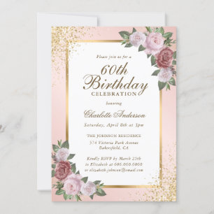 Elegant Blush Gold Confetti Floral 60th Birthday Invitation