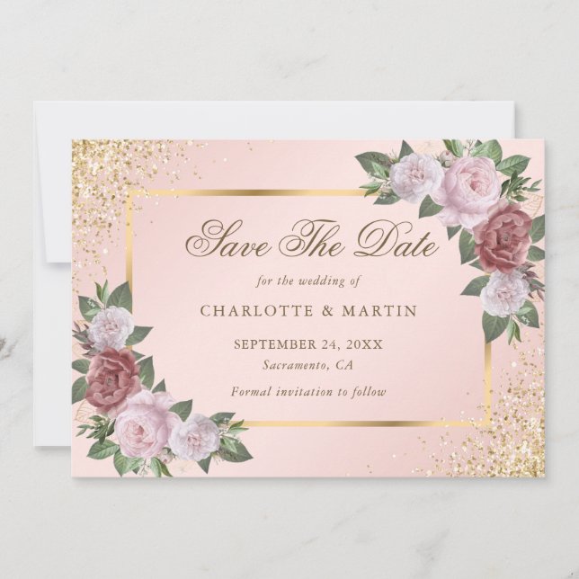 Elegant Blush Gold Confetti Floral Wedding Save The Date (Front)