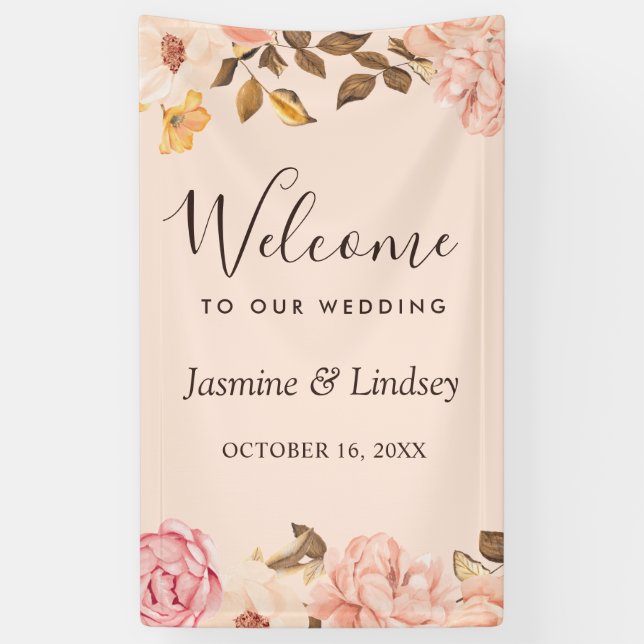 Elegant Blush Gold English Floral Wedding Party Banner (Vertical)