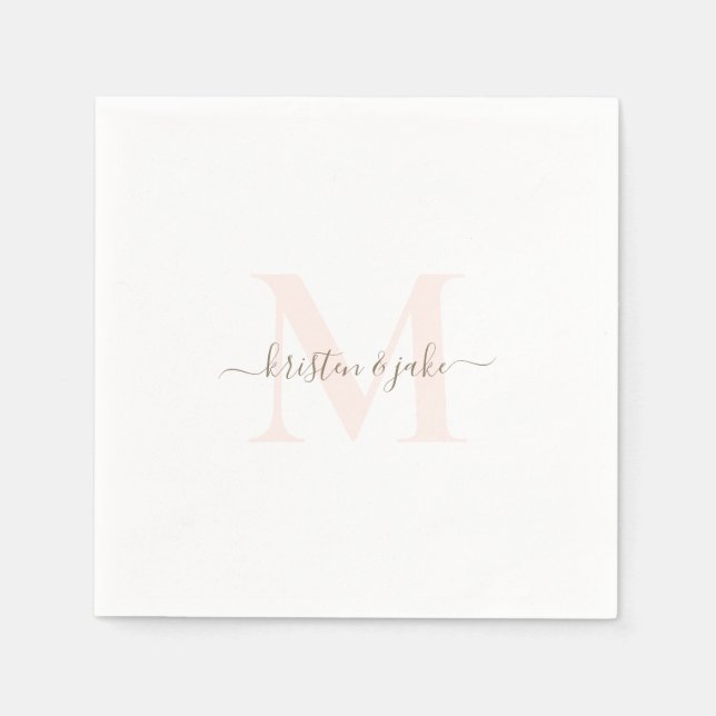 Elegant Blush & Gold Monogram Swash Wedding Napkin (Front)