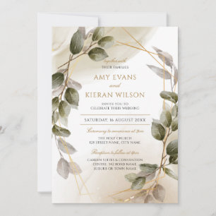 Elegant Blush Green & Gold Watercolor Wedding   Invitation