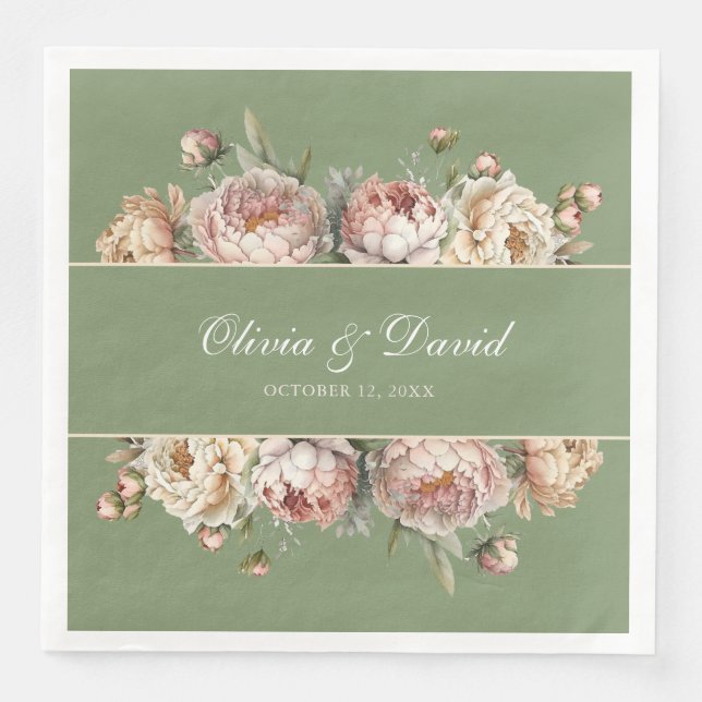 Elegant Blush Greenery Peonies Paper Napkin (Front)