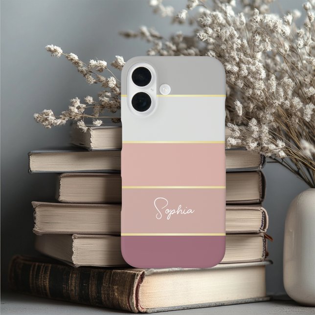 Elegant blush grey gold Personalized Colour Stripe Case-Mate iPhone Case (Creator Uploaded)