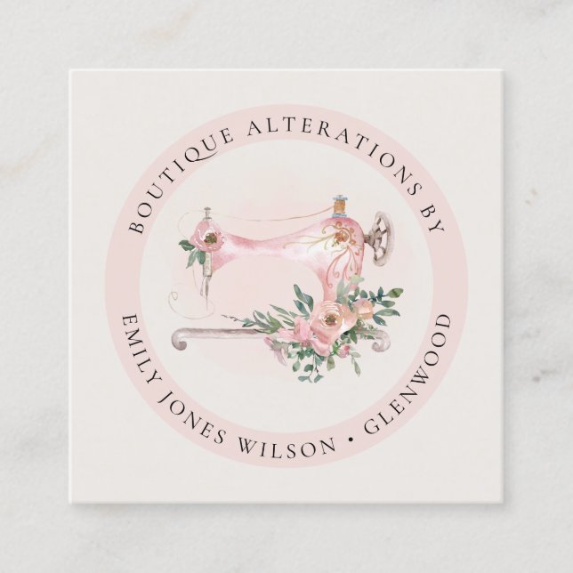Elegant Blush Grey Sewing Machine Floral Tailor Square Business Card (Front)