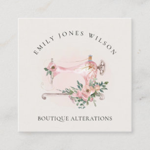 Elegant Blush Grey Sewing Machine Floral Tailor Square Business Card