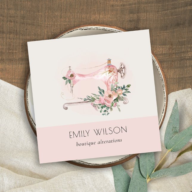 Elegant Blush Grey Sewing Machine Floral Tailor Square Business Card (Creator Uploaded)